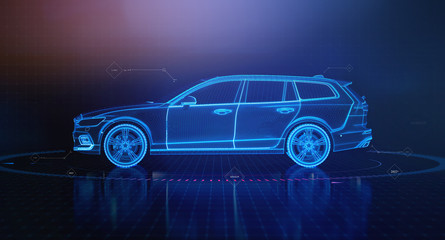 Obraz na płótnie Canvas Modern car shown as wireframe with integrated user interface, concept scene (3D Illustration)