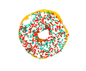 Rainbow donut on white background.
