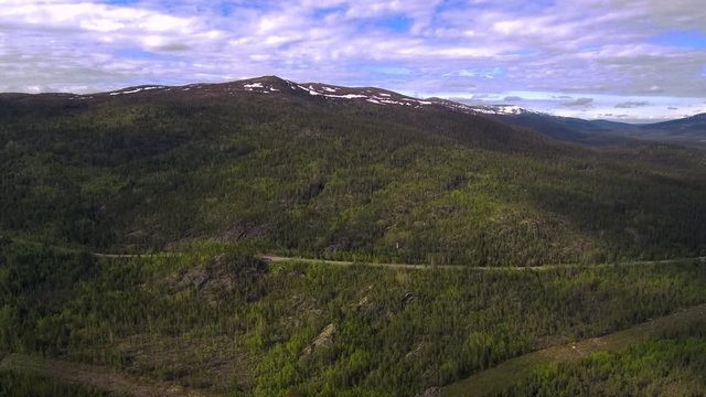 Aerial view of spruce forest mixed with bare trees in spring time. Taiga landscape with a drone on a cloudy day.