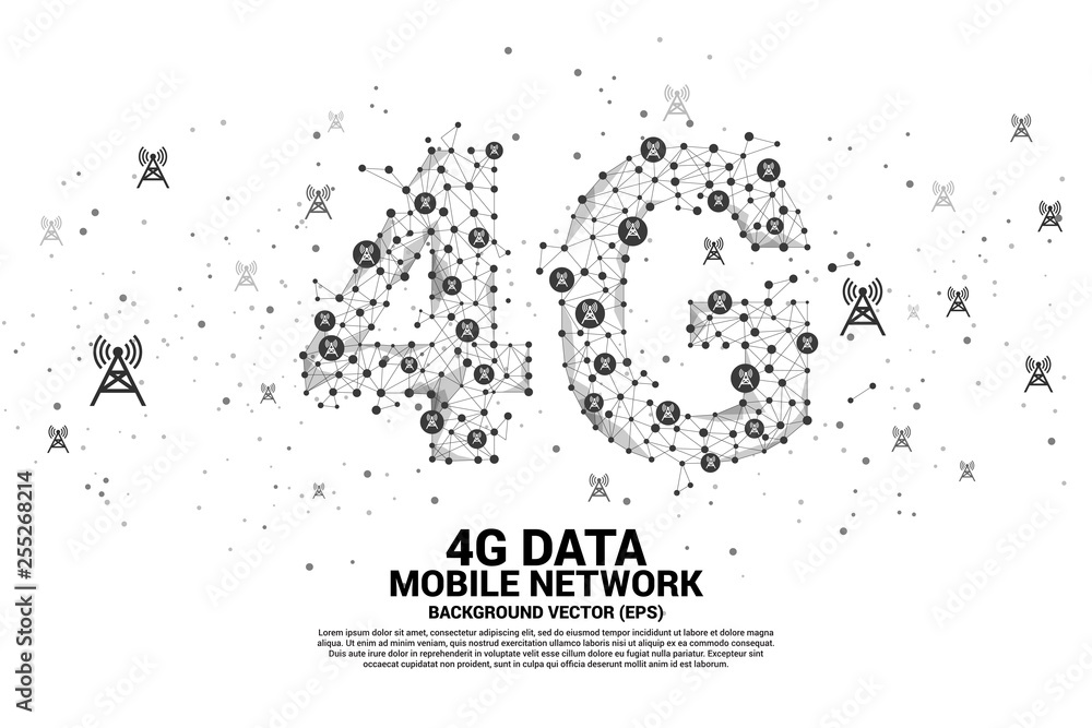 Aufkleber Vector Polygon dot connect line shaped 4G mobile network with antenna tower icon. Concept for telecom technology.