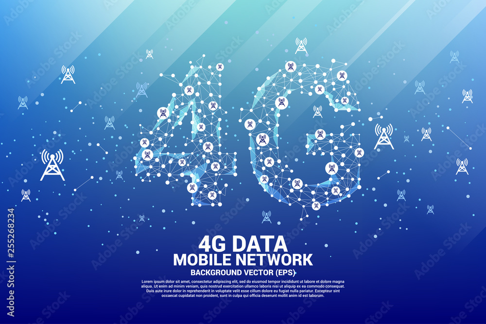 Poster Vector Polygon dot connect line shaped 4G mobile network with antenna tower icon. Concept for telecom technology.