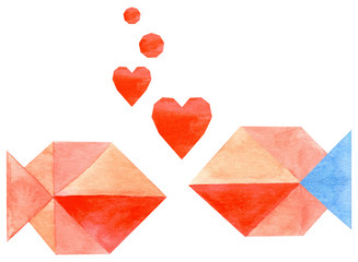 Watercolor set with origami fishes in love with hearts and air bubbles. Isolated on a white background. Illustration.