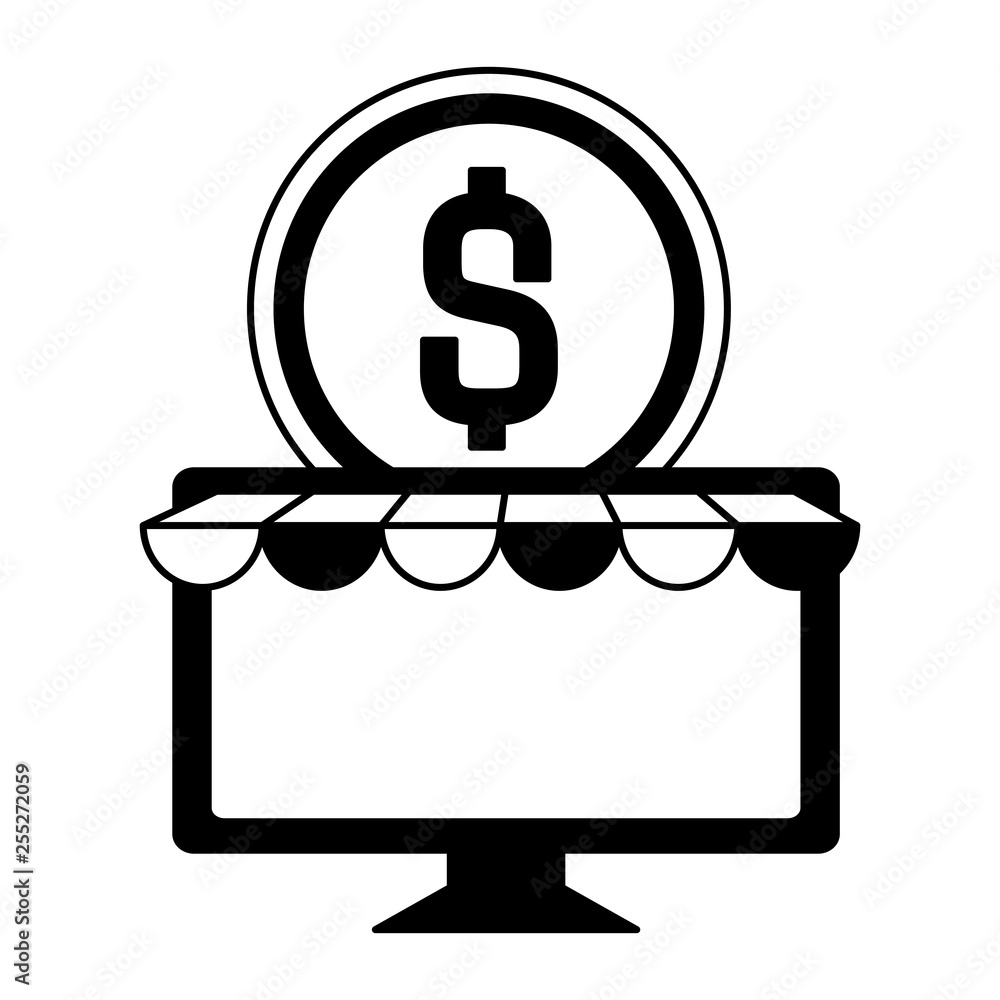 Poster desktop computer with ecommerce page and coin