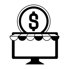 desktop computer with ecommerce page and coin
