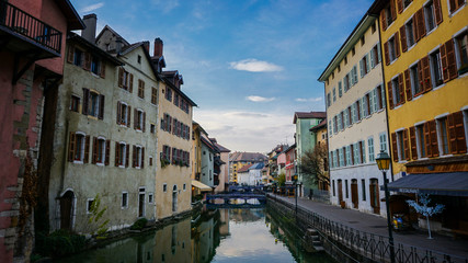 Fototapeta na wymiar Annecy Historic French Street Walk Medieval City Restaurant Cafe Town France Canal River Reflection 
