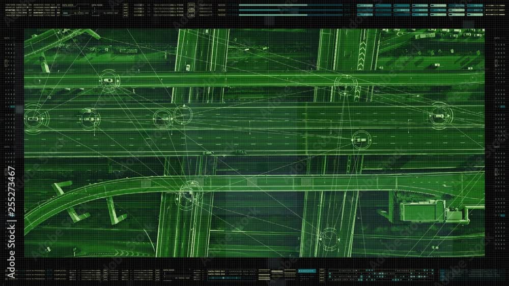 Poster HUD view from above of traffic on the elevated expressway with futuristic autonomous, driverless cars using artificial intelligence computer network and satellite gps for navigation