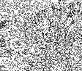Coloring page for adults with boho doodle background. Cartoon ink graphic art for adults. Vector illustration
