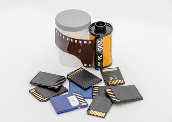 Photography film and  container and digital storage card isolated on white background