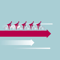 A group of businessmen ride bicycles on the arrows. Isolated on blue background.