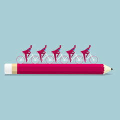 A group of businessmen ride bicycles on pencils. Isolated on blue background.