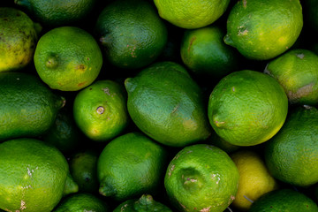 Close view of several green lemons. Of vibrant green and yellow colors.