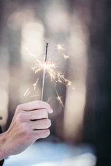 Teenager Hands Holding a Sparkler In Winter Forest