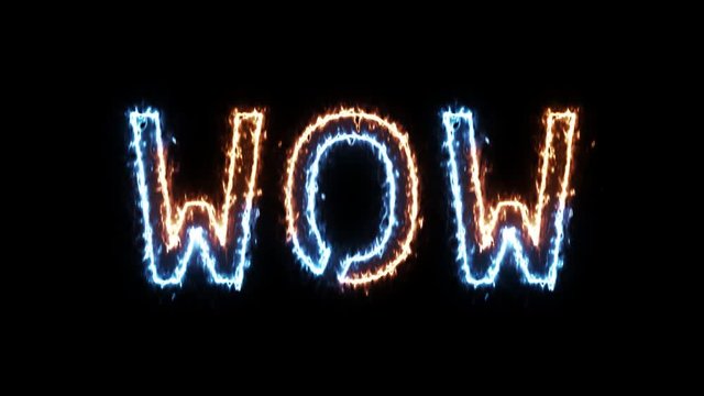 Wow - fire and ice outline glowing text on transparent background