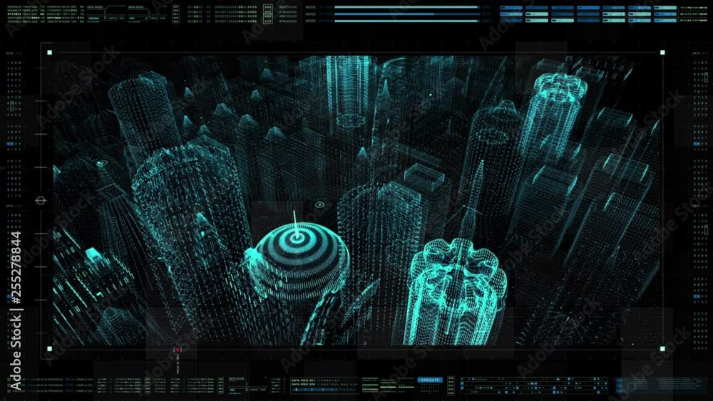 Poster Futuristic motion graphic user interface head up display screen with digital holographic city telemetry information display for digital background computer desktop display screen