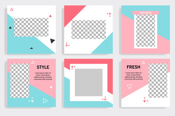 Set of editable social media post template in white, red, pink, turquoise blue background. Using Memphis triangle square pattern