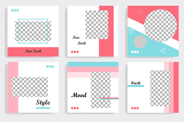 Set of minimal editable social media post banner and cover template in white, red, pink, turquoise blue background. Vector illustration.