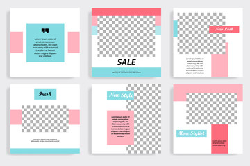 Set of minimal editable social media post banner and cover template in white, red, pink, turquoise blue background. Vector illustration.