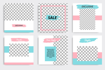 Set of minimal editable social media post banner and cover template in white, red, pink, turquoise blue background. Vector illustration.