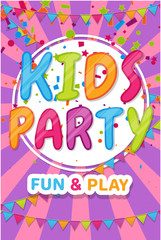 Kids party. Colorful poster for kids zone, place for fun and play.
