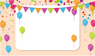 Festive background with white frame, colorful flags, balloons and confetti. Design for kids in cartoon style.