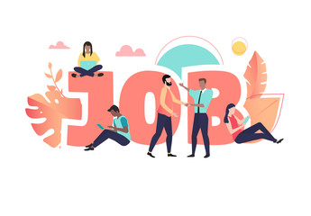 Job, coral poster with people working. Staff recruitment and open vacancy.