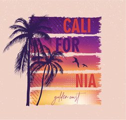 California, golden coast. Colorful poster with palm trees. T-shirt print with inscription, summer design for youth, teenagers.