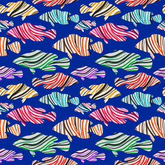 fish with linear texture of different colors on a dark blue color