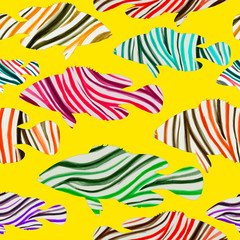 Fototapeta na wymiar abstract fish with linear texture of different colors on a yellow color