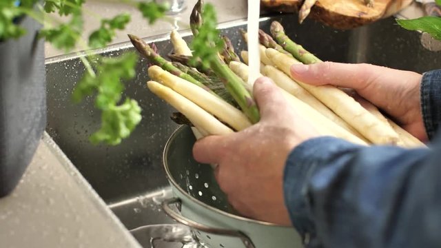 Waschen von frischem Spargel in Sp&uuml;lbecken
