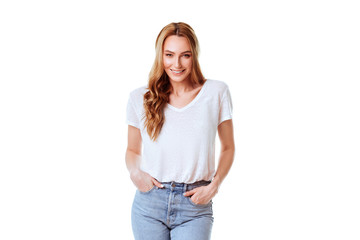 Headshot Portrait of happy ginger girl with freckles smiling looking at camera. White background.