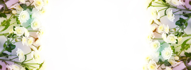 A collage of bouquets of flowers on a white background. Panorama of flowers on a white background for design. Wide format for writing text.