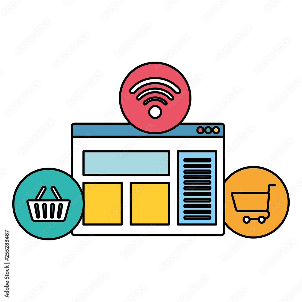 Poster webpage template with ecommerce icons