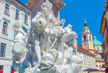  Robba Fountain stands in front of Town Hall at Town Square , Ljubljana the capital of Slovenia.