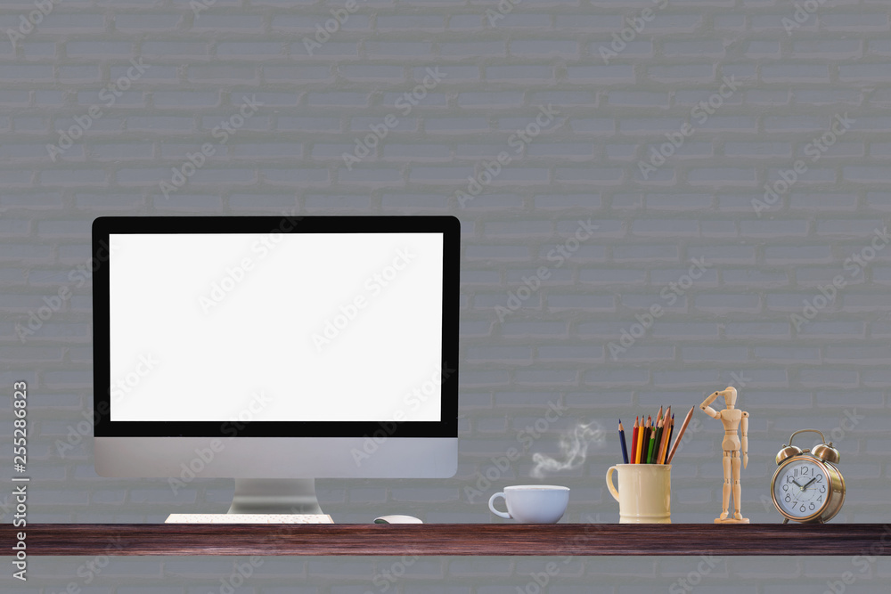Poster comfortable workplace with modern desktop computer. blank screen for graphic display montage.