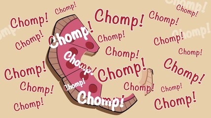 Stylized minimalistic pizza animation: Pie is eaten, punctuated by "Chomp!" text