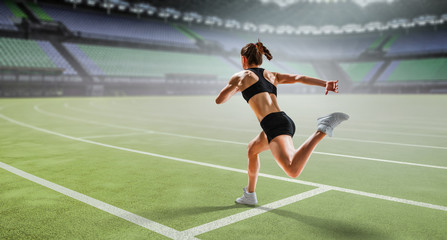 Sportswoman running race. Mixed media