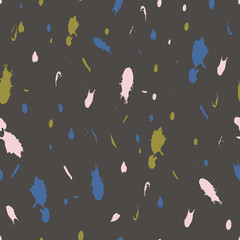 Seamless repeat pattern design, vector illustration of dots and spatters drawn in shades of bright yellow, olive, blue, black, turquiose, pink and white.