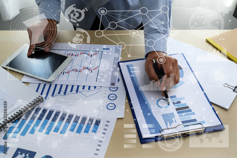 Poster business documents on office graph financial with social network diagram discussing data analysis da