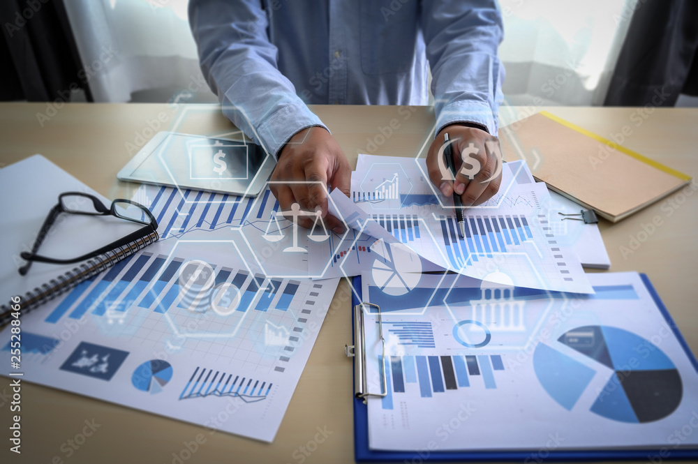 Poster business documents on office graph financial with social network diagram discussing data analysis da