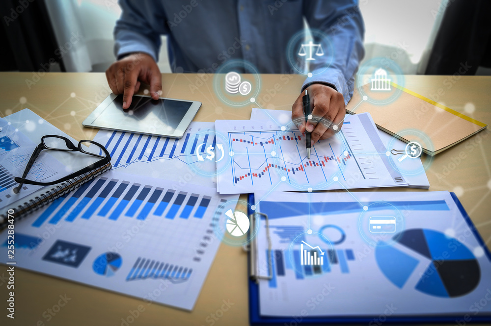 Poster business documents on office graph financial with social network diagram discussing data analysis da