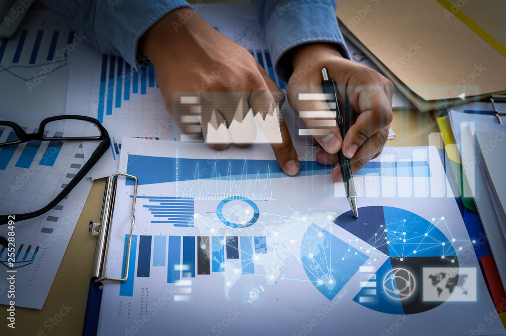 Poster business documents on office graph financial with social network diagram discussing data analysis da