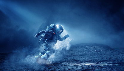 Spaceman running fast. Mixed media - obrazy, fototapety, plakaty