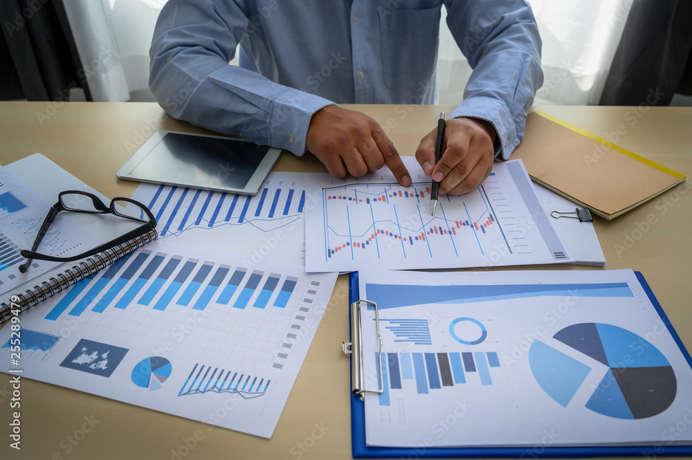 Poster business documents on office graph financial with social network diagram discussing data analysis da
