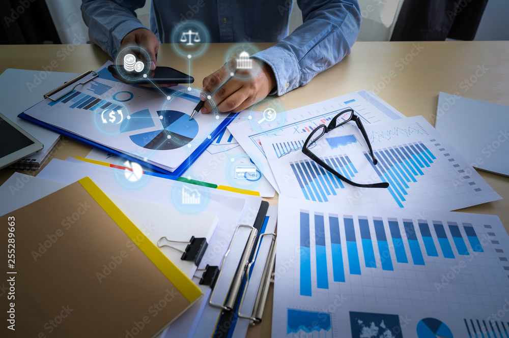 Poster working team meeting concep graph financial with social network diagram discussing data analysis dat