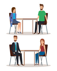 set women and men eating in the restaurant