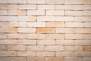 Brick Wall Panoramic Texture Grunge in Rural Room. Abstract Old Light Beige Brickwork of Stonework. Vintage Brown Brick Wall Background, Backdrop and Pattern with Copy Space for Design Concept.