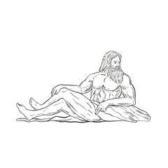 Drawing sketch style illustration of Heracles, a Greek hero and god, reclining, sitting or resting looking to side viewed from side on isolated white background done in black and white.