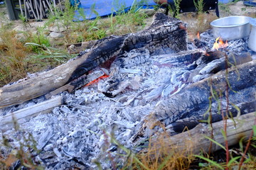 The fire that is cooked while traveling, camping in the forest