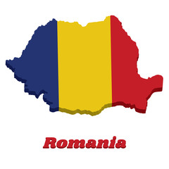 Obraz premium 3d Map outline and flag of Romania, a vertical tricolor of blue yellow and red.