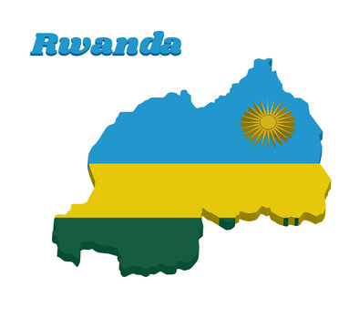 3d Map outline and flag of Rwanda, A horizontal tricolor of blue, yellow and green with a yellow sun in the upper corner.